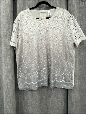 Alfred Dunner White Floral Lace Short Sleeve Blouse